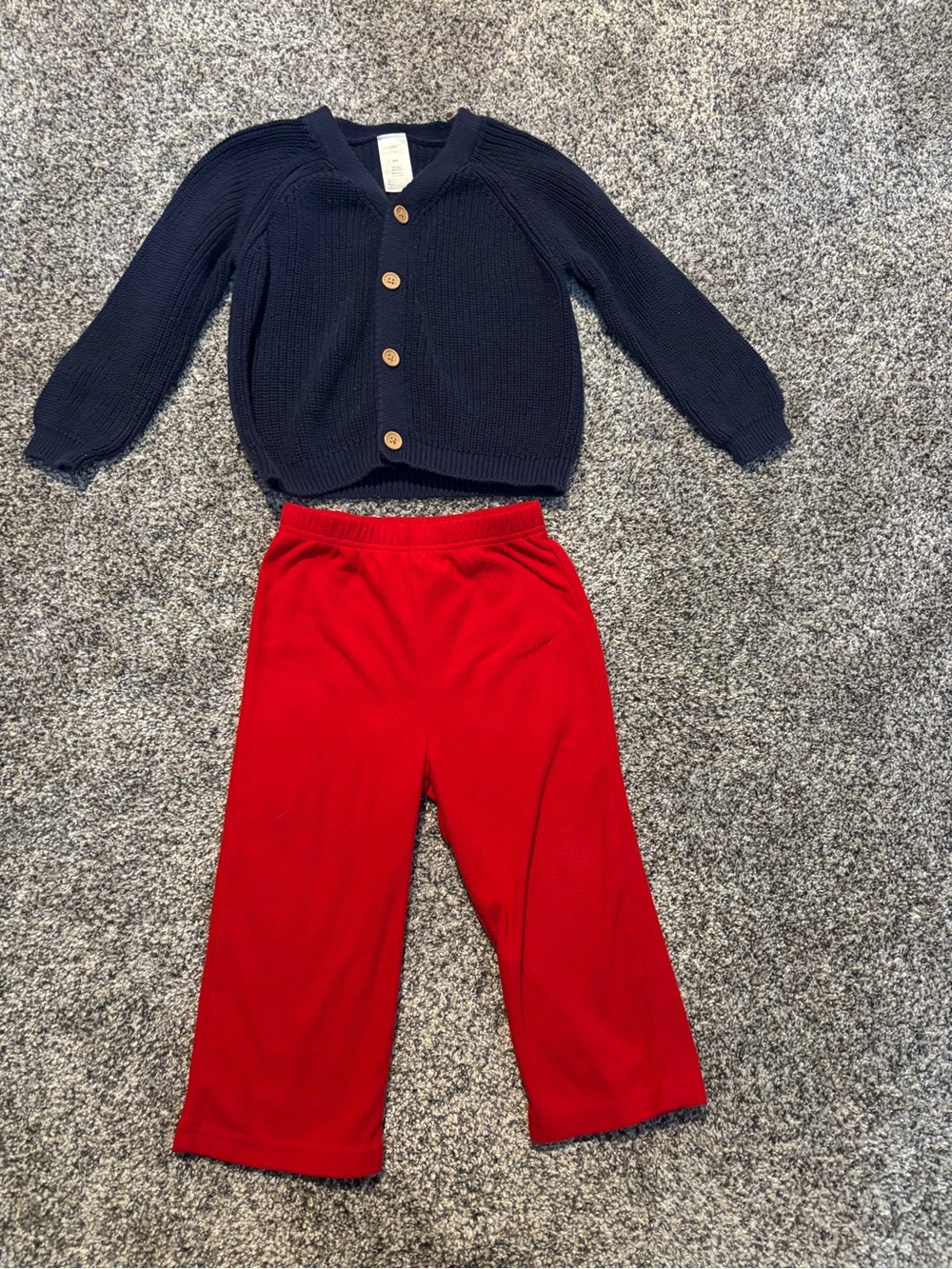 Modern Moments blue knit cardigan with red fleece pants